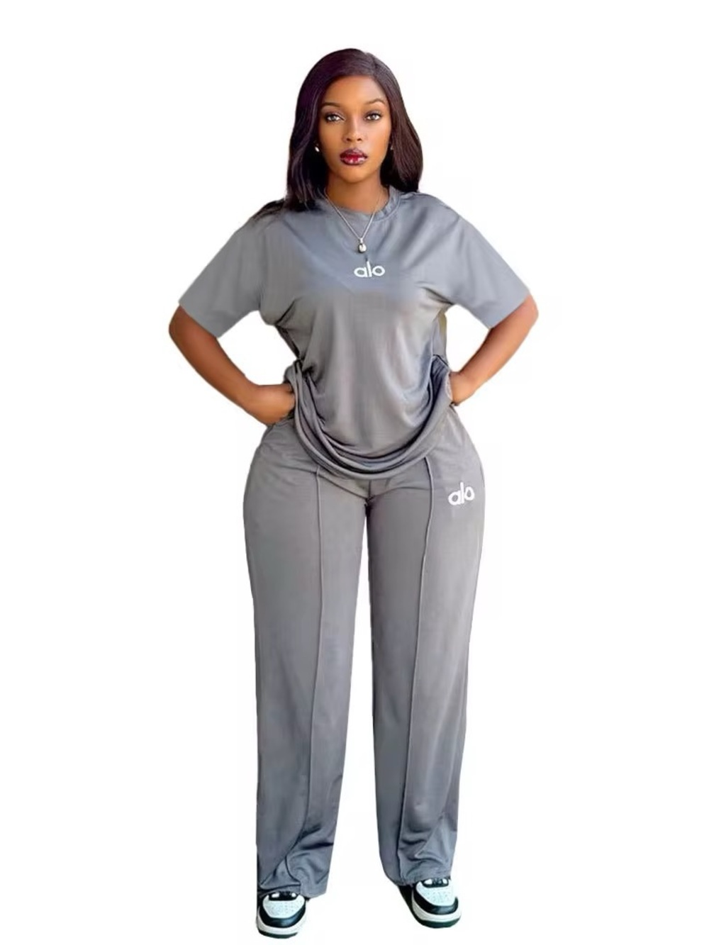 ALO Yoga Gray Relaxed Tee & Wide-Leg Joggers Set